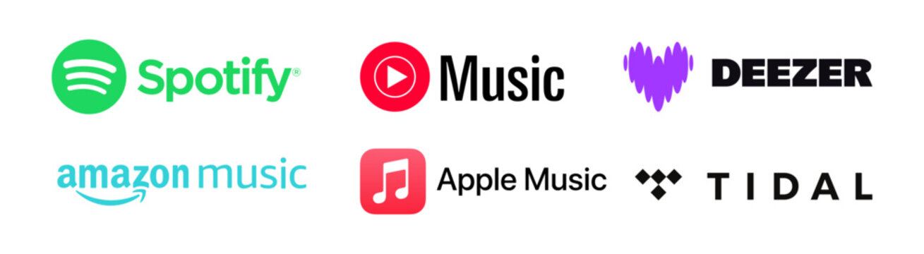 Music streaming service logos collection. Spotify, YouTube Music, Apple Music, Amazon Music, Deezer, and Tidal vector icons set.