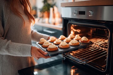In a warm kitchen filled with natural light, a woman carefully removes a tray of freshly baked cupcakes topped with frosting from the oven, showcasing her baking skills