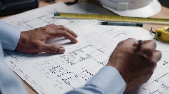 Tight, high-angle overhead video of hands in light blue business shirt making notes with architectural pen on blueprints & design tools. Concept of diligent professional planning