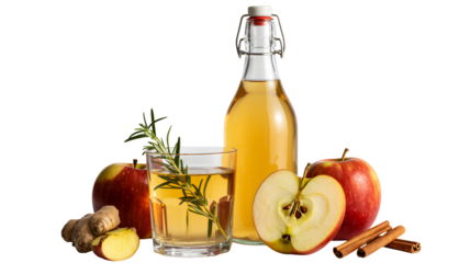 Refreshing apple cider vinegar drink with fresh apples ginger rosemary and cinnamon sticks for healthy lifestyle and wellness