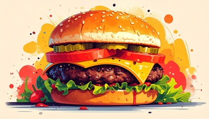 Delicious Burger with Fresh Ingredients and Watercolor Style.