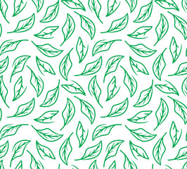 Seamless green leaf pattern in minimalist line art style. Elegant natural vector background perfect for packaging, wallpaper, fabric, and eco-friendly designs