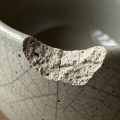 Close up of a chipped ceramic pot with intricate crack patterns and textured surface detail