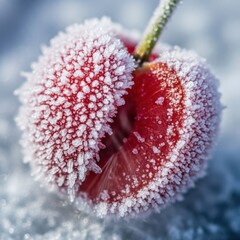 Close up of a bright red apple covered in sparkling frost on a cold winter day