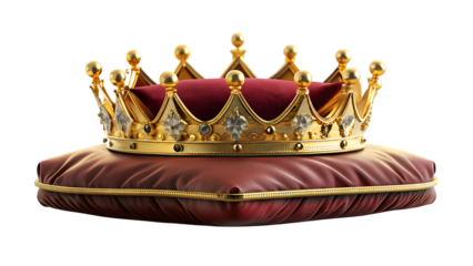 Golden crown on red pillow isolated on transparent background, representing royalty, power, and luxury