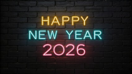 Fototapeta premium Happy new year 2026 neon sign glowing on a dark brick wall, a festive celebration for the upcoming year