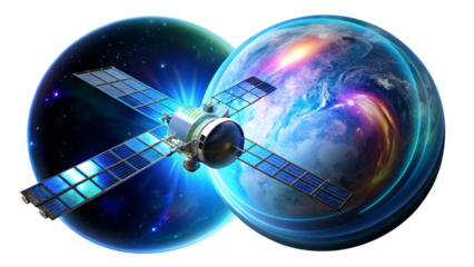 Satellite orbiting earth isolated on transparent background, showcasing global communication and technological advancement