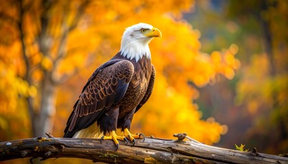 Majestic Bald Eagle Perched on a Branch in Autumn Forest.