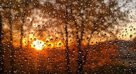 Raindrops on window glass with autumn sunset and trees in background  