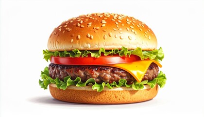 Delicious classic cheeseburger with fresh toppings isolated on a white background.