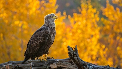 Majestic eagle perched on a branch with vibrant autumn foliage background.