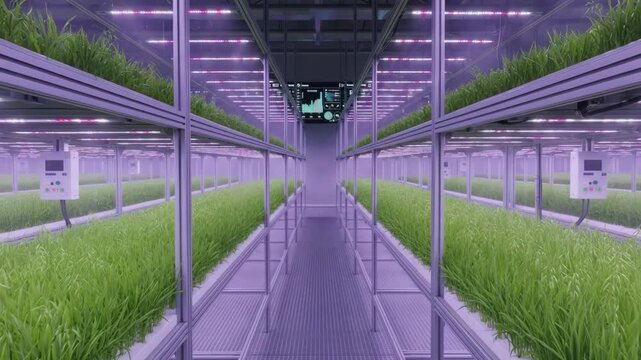 Medium shot inside a greenhouse filled with rows of thriving fodder plants under controlled light and temperature conditions