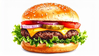 Classic Cheeseburger with Fresh Ingredients on White Background.