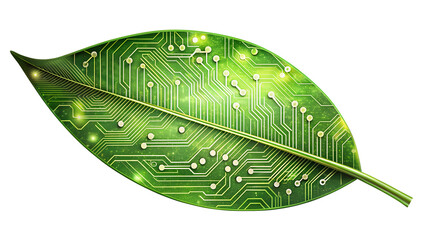 Green leaf with electronic circuit pattern isolated on transparent background, symbolizing ecofriendly technology