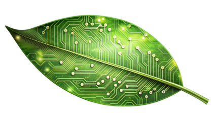 Green leaf with electronic circuit pattern isolated on transparent background, symbolizing ecofriendly technology