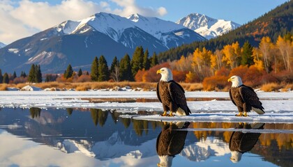 Two majestic bald eagles stand on ice in a stunning mountain landscape.