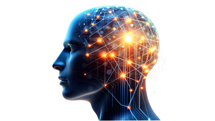 Artificial intelligence concept isolated on transparent background, a human head with glowing network connections