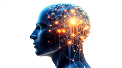 Artificial intelligence concept isolated on transparent background, a human head with glowing network connections