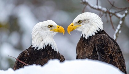 Two Majestic Bald Eagles Facing Each Other in a Snowy Winter Landscape.