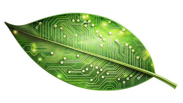 Green leaf with electronic circuit pattern isolated on transparent background, symbolizing ecofriendly technology