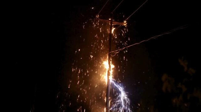 Dramatic electrical surge ignites pole with bright sparks and intense light against dark night sky
