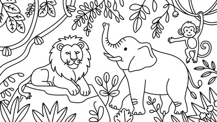 Fototapeta premium Seamless pattern vector illustration set with cute cartoon elephant and flower elements, perfect for a coloring book design