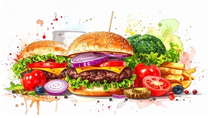 Vibrant watercolor illustration of delicious cheeseburgers and fresh vegetables.