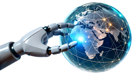 Robot hand touching a digital globe, representing global connection and artificial intelligence isolated on transparent background