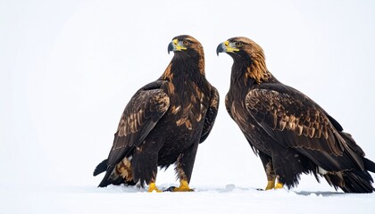 Majestic Golden Eagles Standing Together in Winter Landscape.