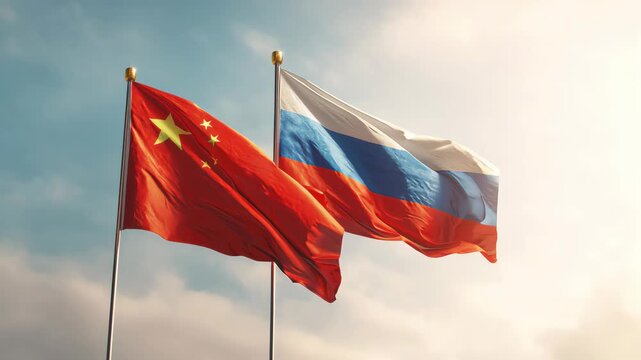 International relations china and russia flags global diplomacy outdoor setting wide angle political commentary