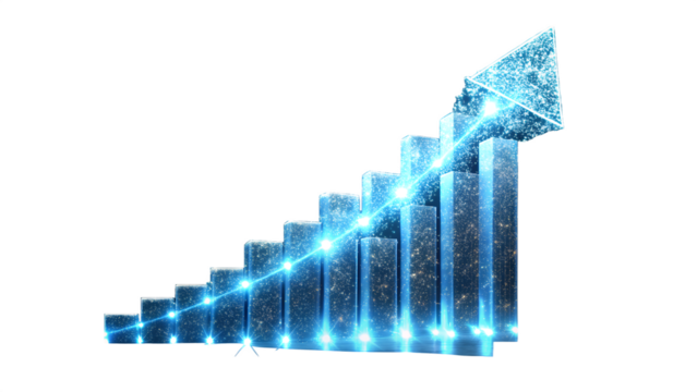Glowing bar graph with upward arrow, representing business growth and success isolated on transparent background