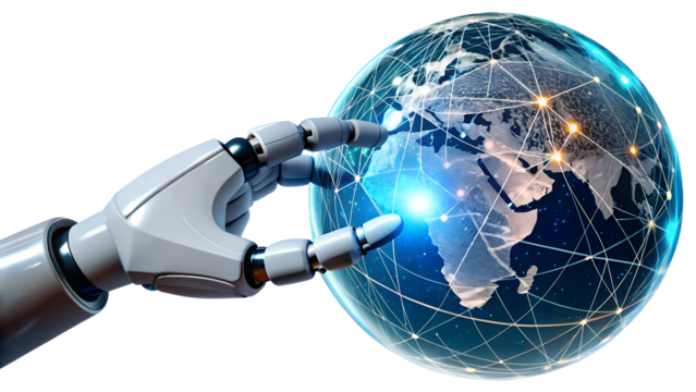 Robot hand touching a digital globe, representing global connection and artificial intelligence isolated on transparent background - Powered by Adobe