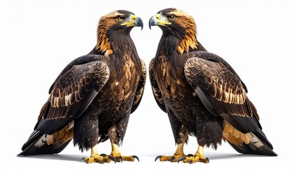 Two majestic golden eagles standing proudly together on a clean white background.