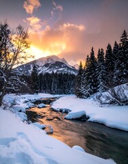 Winter landscape of a mountain range with a snowy river