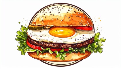 Delicious Burger with Fried Egg and Fresh Vegetables Illustration.
