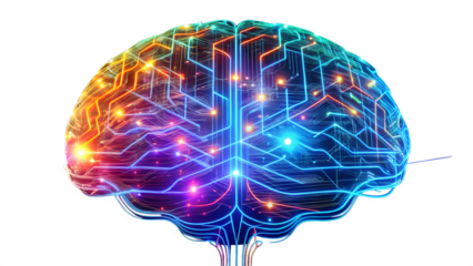Artificial intelligence brain isolated on transparent background, showcasing neural network and innovative technology
