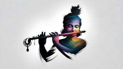 Silhouette of Lord Krishna holding a colorful flute on a white background.