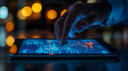 Businessman analyzing digital financial charts and growth trends on a tablet, illustrating technology-driven market research, data analysis, and strategic business planning.
