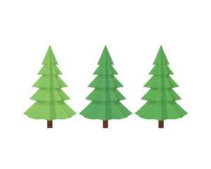 Three low-poly green christmas trees stand tall against a featureless composition background