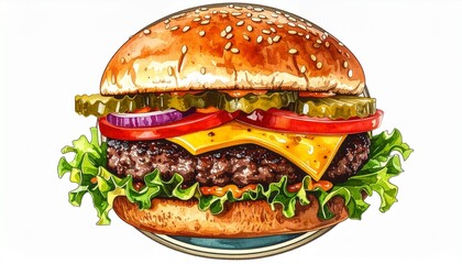 Delicious Juicy Hamburger with Cheese Lettuce Tomato Onion and Pickles.