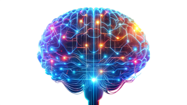 Human brain with glowing neural network connections isolated on transparent background, representing artificial intelligence