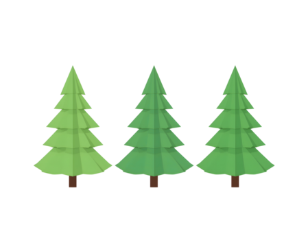 Three low-poly green christmas trees stand tall against a featureless composition background