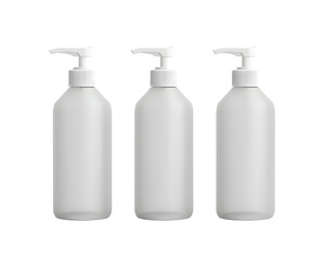 Three White Plastic Bottles with Dispenser Pumps Isolated, Mockup for Hygiene Products