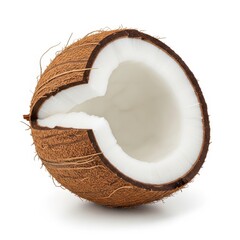 Freshly cut coconut halved revealing white flesh and fibrous outer shell