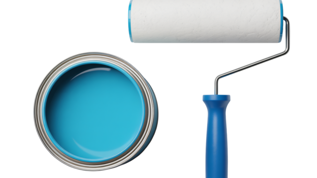 Professional painter's tools featuring a vibrant blue paint can and roller, ready for home renovation projects and creative design.