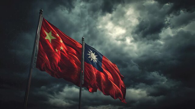 Tensions rise amidst flags of taiwan and china urban setting dramatic imagery dark clouds aerial view geopolitical conflict