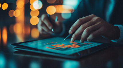 Middle-aged businesswoman's hand holding a digital tablet at work, reviewing documents and managing tasks professionally in a modern office environment.