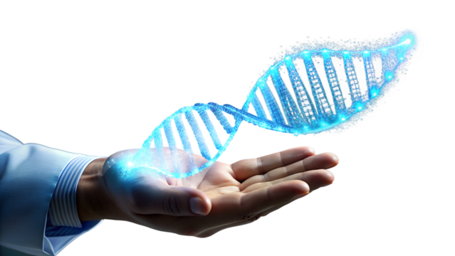 Dna strand floating above a hand isolated on transparent background, representing genetics, biology, and biotechnology