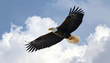 Obraz premium Majestic Bald Eagle Soaring Through Cloudy Skies with Grace.