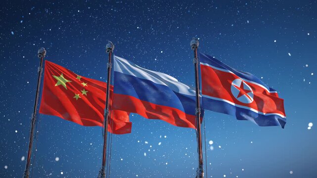 Flags of north korea china and russia waving together outdoor daytime dynamic scene symbolism and unity